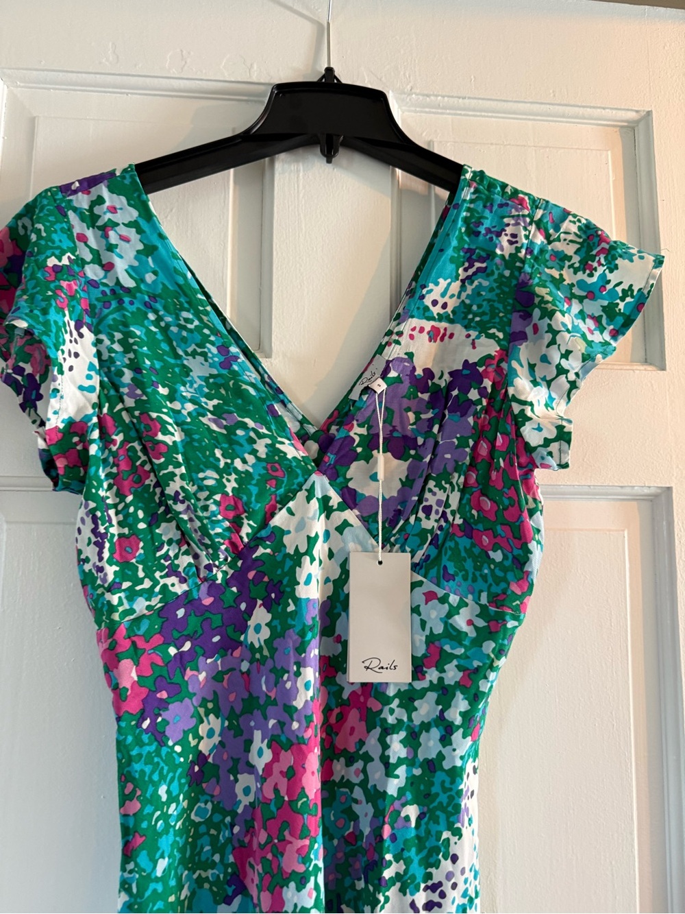 💐NWT Rails Green Floral Midi Dress with Pink, Purple & White Accents, Sz S - Picture 1 of 13